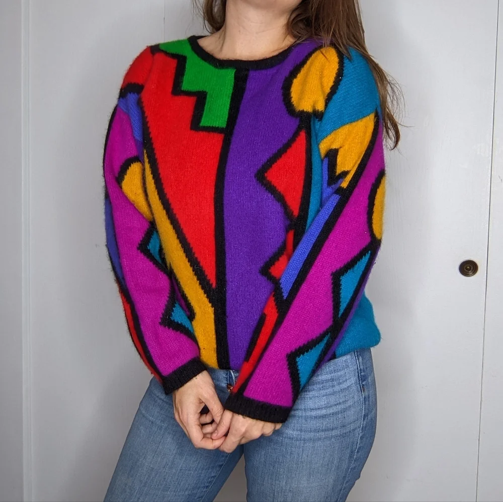 90's Colorblock Angora Geometric Sweater - Picture 7 of 14